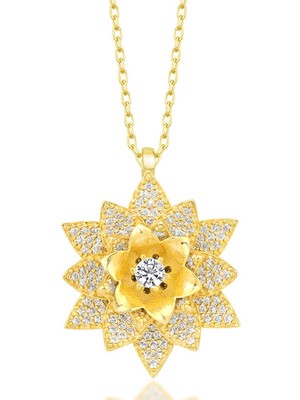 Bazarhane Gümüş Gold Beyaz Taşlı Lotus Çiçeği Kadın Kolye