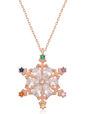 Bazarhane Gümüş Rose Renkli Taşlı Kar Tanesi Kadın Kolye