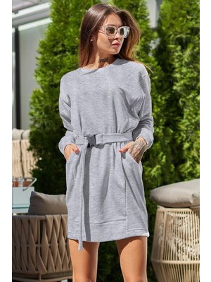 Yeşil Sarmaşık Kadın Uzun Kollu Bisiklet Yaka Kuşaklı Iki Iplik Elbise