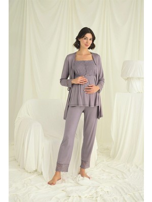 Herşeytrend Litae Dantelli Önü Düğmeli Hamile Lohusa 3lü Pijama Takımı