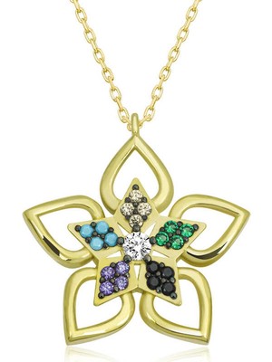 Bazarhane ​gümüş Gold Renkli Taşlı Çiçek Kadın Kolye
