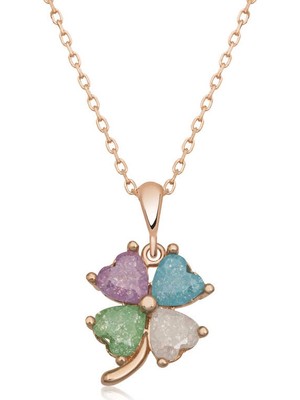 Bazarhane Gümüş Rose Renkli Taşlı Kalp Yonca Kadın Kolye