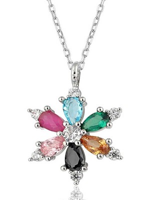 Bazarhane Gümüş Mix Taşlı Lotus Çiçeği Kadın Kolye