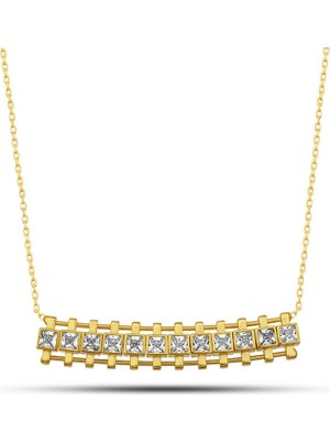 Bazarhane Gümüş Gold Zirkon Taşlı Kare Bar Kadın Kolye