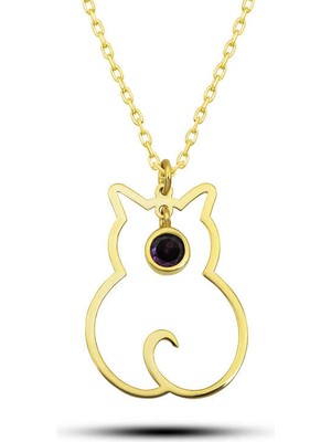Bazarhane Gümüş Şubat Ayı Doğum Taşı Kedi Kadın Kolye