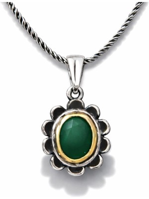 Bazarhane Gümüş Yeşil Çiçek Desenli Otantik Kadın Kolye