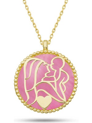 Bazarhane Gümüş Gold Pembe Sedef Taşlı Anne Çocuk Sevgisi Kolye