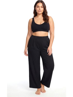 Modaserdem Akbeniz Kadın Siyah Ince Çizgili Büyük Beden Cepli Pijama Altı