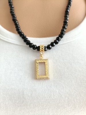 Elisi Takı Story Gram Altın Takmak Için Kolye Altın Kaplama Kolye Siyah Kristal Cam Boncuk 55 cm