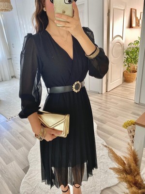 Nova Epoxy Art Kadın Şifon Kumaş Astalı Kloş Kesim Kruvaze Yaka Midi Boy Elbise