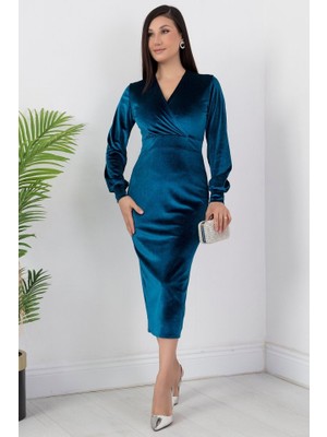 Nova Epoxy Art Kadın Kadife Kumaş Manşetli V Yaka Şık Kalem Elbise