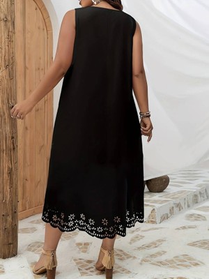 Nova Epoxy Art Kadın Kolsuz Etek Ucu Lazer Kesim Çiçek Desenli Midi Boy Janjan Krep Elbise