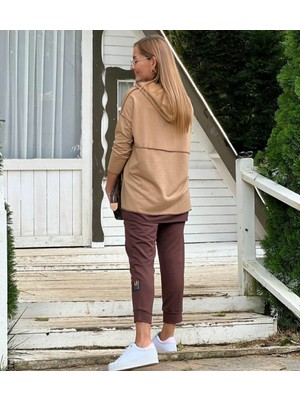 Nova Epoxy Art Kadın Kahve Kapşonlu Etek Ucu Detay Arma Ters Dikiş Gorunumlu Ikili Takım