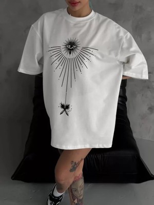 Nova Epoxy Art Unisex Bisiklet Yaka Baskılı Oversize T-Shirt - Beyaz