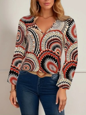 Nova Epoxy Art Kadın Uzun Kollu V Yakalı Desenli Süprem Bluz