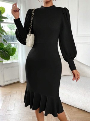 Nova Epoxy Art Kadın Uzun Kollu Yarı Balıkçı Yaka Etek Ucu Fırfır Detaylı Midi Ithal Krep Elbise