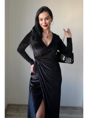 Nova Epoxy Art Kadın Uzun Kollu Kruvaze Yaka Yırtmaçlı Kadife Elbise