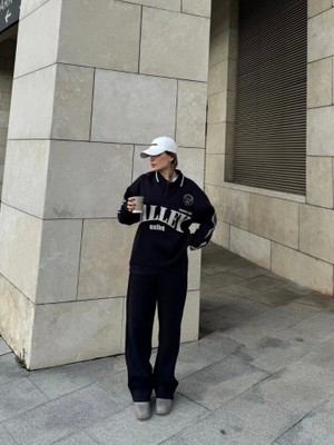 Nova Epoxy Art Üç Iplik Yakalı Sweat Baggy Pantalonlu Takım - Siyah