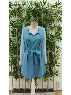 Nova Epoxy Art Kadın Uzun Kollu Yakadan Bağcıklı Belden Kuşaklı Ithal Krep Elbise