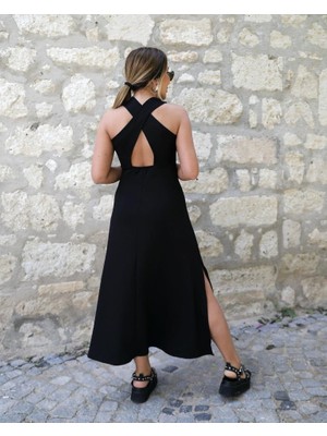 Nova Epoxy Art Kadın Arkadan Çapraz Detay Yuvarlak Yaka Maksi Viskon Elbise