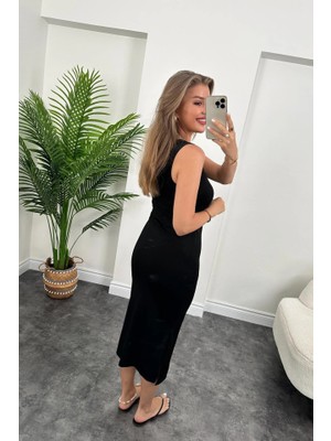 Nova Epoxy Art Kadın Çift Yırtmaç Detaylı Sıfır Kol Midi Boy Elbise