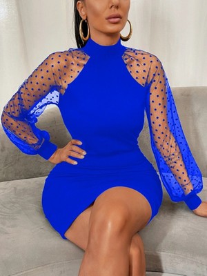 Nova Epoxy Art Kadın Uzun Kollu Kollar Tül Puantiye Detay Dalgıç Mini Boy Elbise