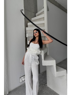 Nova Epoxy Art Jakarlı Bluzu Tasarım Detaylı Ceket-Pantolon-Bluz 3 Lü Takım - Beyaz