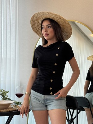 Nova Epoxy Art Kadın Kısa Kollu Degaje Yaka Düğme Detay Viskon Bluz