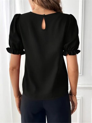 Nova Epoxy Art Kadın Kısa Kollu Bisiklet Yaka Kolları Gipeli Ithal Krep Bluz