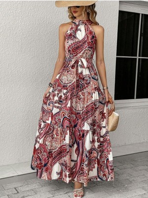 Nova Epoxy Art Kadın Halter Yakalı Omuzlardan Açık Kuşaklı Maksi Boy Desenli Süprem Elbise