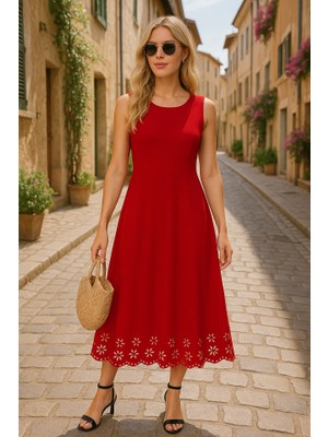 Nova Epoxy Art Kadın Kolsuz Etek Ucu Lazer Kesim Çiçek Desenli Midi Boy Ithal Krep Elbise