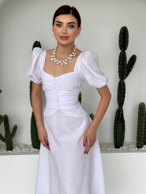 Nova Epoxy Art Kare Yaka Düğmeli Elbise