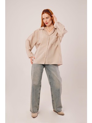 Nova Epoxy Art Çizgi Detaylı Cepli Camel Gömlek