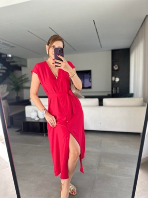 Nova Epoxy Art Kadınn V Yaka Düğme Detay Kuşak Dahil Elbise