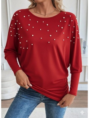 Nova Epoxy Art Kadın Uzun Kollu Yuvarlak Yaka Incili Viskon Bluz