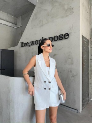 Nova Epoxy Art Keten Yelek - Şort Takım - Beyaz