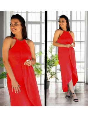 Nova Epoxy Art Boyun Askılı Eteği Kruvaze Kesim Viskon Kumaş Elbise