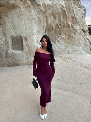 Nova Epoxy Art Kadın Uzun Kollu Madonna Yaka Midi Boy Elbise