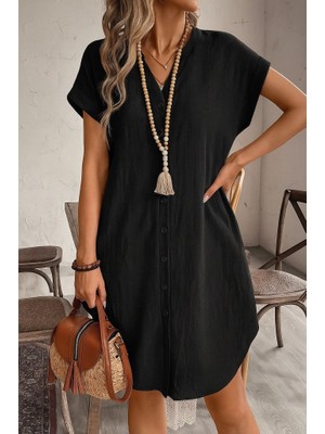 Nova Epoxy Art Kadın Kısa Kollu Önden Düğmeli Ithal Keten Elbise