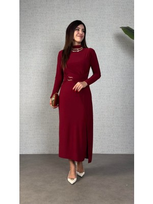 Nova Epoxy Art Kadın Balıkçı Yaka Toka Detay Sandy Kumaş Midi Boy Elbise