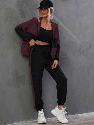 Nova Epoxy Art Kadın Uzun Kollu Kapşonlu Önden Fermuarlı Viskon Iki Iplik Bluz ve Pantolon Ikili Takım