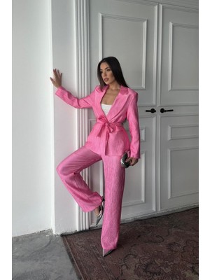 Nova Epoxy Art Pembe Beli Kuşaklı Ceket ve Pantolon Parlak Takım