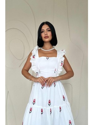 Nova Epoxy Art Kırmızı Sıfır Kol Fırfırlı Elbise