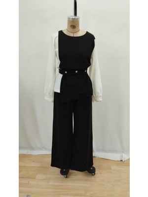 Nova Epoxy Art Kadın Uzun Kollu Açık Yakalı Çift Renkli Kemerli Ithal Krep Ikili Takım