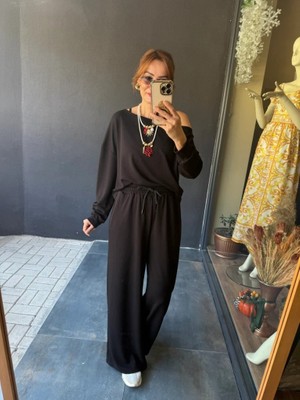 Nova Epoxy Art Kadın Uzun Kollu Tek Omuzdan Açık Viskon Iki Iplik Bluz ve Pantolon Ikili Takım