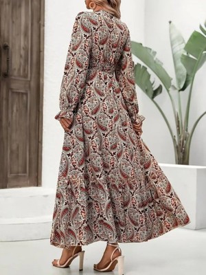 Nova Epoxy Art Kadın Uzun Kollu V Yakalı Beli Lastikli Desenli Süprem Elbise