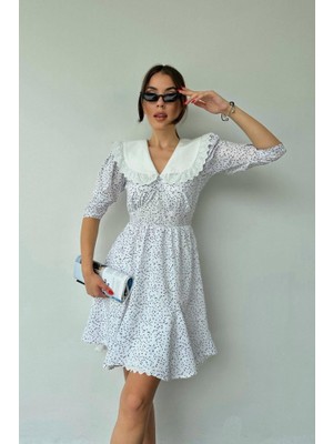 Nova Epoxy Art Beyaz Puantiyeli Önlük Yaka Elbise