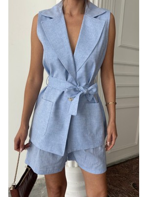 Nova Epoxy Art Keten Yelek - Şort Takım - Mavi