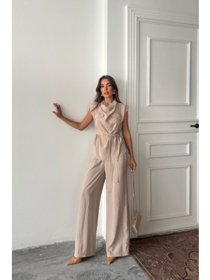 Nova Epoxy Art Tencel Modal Kolsuz Bluz Kapalı Cep Detaylı Dökümlü - Pantolon Takım - Bej