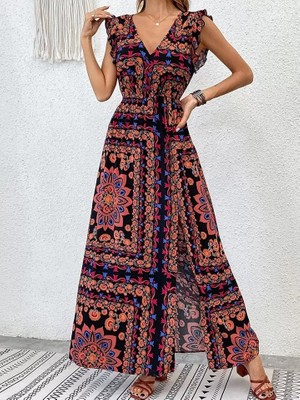 Nova Epoxy Art Kadın Kısa Kollu V Yakalı Deseni Yırtmaçlı Süprem Elbise